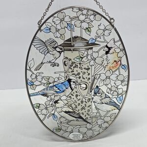 Garden Birds On The Feeder Art Glass Suncatcher Chickadee Bluebird Floral AMIA